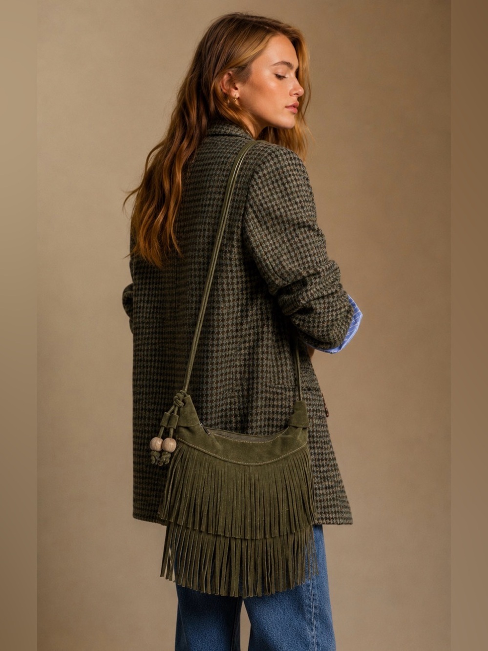 Do Everything In Love Stylish Olive Green Fringe Shoulder Bag with Wooden Bead